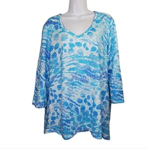 CHICO'S Blue White Print High Low Hem Tunic Tee 3/4 Sleeve V Neck Sz 3 XL